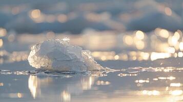 A lone melting iceberg in the midst of a sea ice melt pond slowly shrinking in the summer sun photo