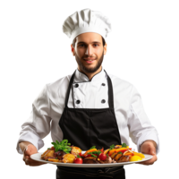 A chef in uniform holding a tray of food isolated on a transparent background png