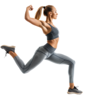 A fitness instructor in workout gear, mid-pose, isolated on a transparent background png