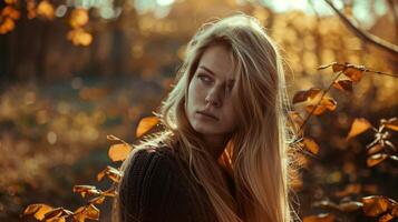 young woman with long blond hair enjoying autumn photo