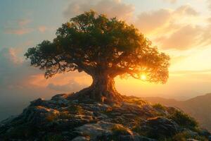 serenidad de naturaleza majestuoso árbol en contra asombroso amanecer en rocoso colina - Perfecto para carteles, naturaleza fotografía, pared Arte foto