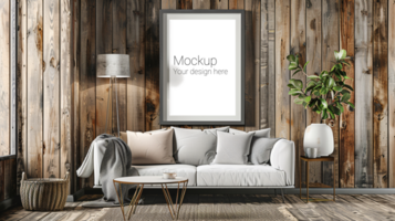 Mockup of gray frame for poster or picture on wall in living room psd