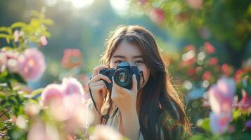 Asian woman is taking a picture with a camera photo