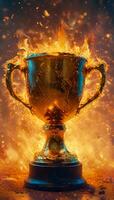 Champion golden trophy cup, surrounded by a festive explosion of colorful celebration confetti and sparkling glitter, symbolizing victory and success in a competition photo
