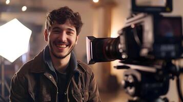 Enthusiastic Young Filmmaker Directing a Movie Production in Studio photo