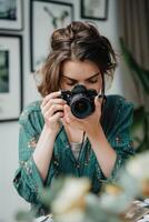 Happy Woman Holding Camera Taking Photo .