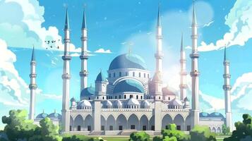A majestic mosque with towering minarets, a large dome, and intricate arches set against a bright blue sky with fluffy clouds video