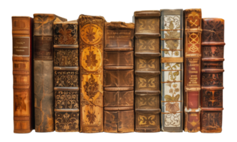 A row of ornate, leather-bound books with intricate designs, cut out - stock png. png