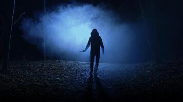 A terrifying maniac with a knife in his hand walks through an ominous forest at night. A black male figure emerges from the darkness. video