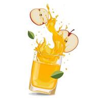 Splashes of yellow freshly and healthy apple juice with fruit slices and green leaves. clipart in flat style with drink isolated on white background for card, banner, flyer, design vector