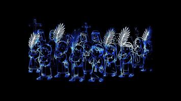 Glowing looping Easter Day Palm Sunday procession. neon frame effect, black background. video