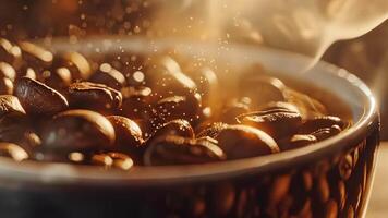 Close-up of steaming coffee beans in a cup with a warm, golden light, creating a cozy and inviting atmosphere perfect for a coffee break. video