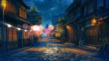 Traditional Japanese house street. Rainy old asian village. Lofi loop anime style animation background . video