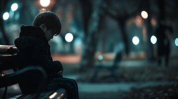 Contemplative Evening in Park with Korean Boy Sitting Alone on Bench, Moody Lighting and Blurred Background, Ideal for Emotional and Reflective Scenes photo