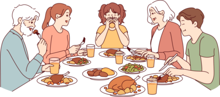 grande familia tiene cena juntos después completando religioso rápido, sentado alrededor mesa con alimento. contento personas mayores con niños y nieta teniendo acción de gracias cena, comiendo Turquía carne png