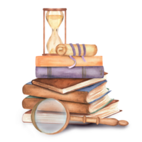 A pile of books with scroll, hourglass on top and magnifying glass. Clipart elements on the topic of reading. Library, bookstore, bookshop, university, Hand-drawn watercolor illustrations. png