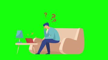 ocupado cansado homem sentado às escritório usando computador portátil em tela verde fundo 2d desenho animado animação video