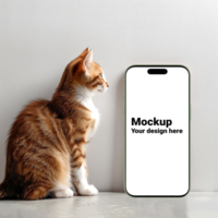 Mockup of green smartphone next to cat psd
