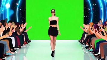 model- in modieus kleren een groen scherm shows een virtueel mode landingsbaan, video