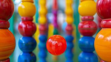 A set of colorful jacks and a bouncing ball float in perfect balance reminding us of the simple joys of indoor play on rainy days photo