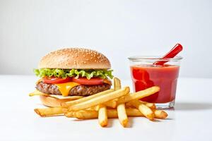 Cheeseburger, French Fries and Ketchup on White Background photo