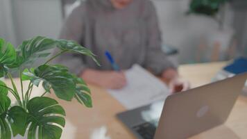 Close-up of woman working with documents at office, paying utility bill using laptop focused on managing family invoice counting. video