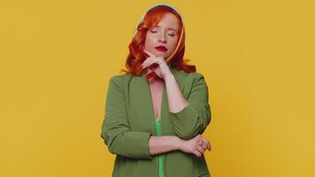 Doubting pensive redhead young woman pondering and imagining in mind, wondering difficult solution video