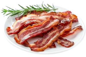 Bacon posto su un' piatto, isolato contro un' trasparente sfondo png
