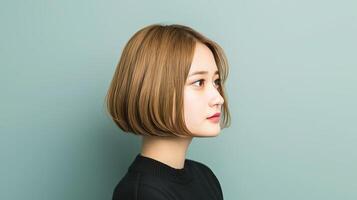 Side profile of a young woman with a short bob hairstyle against a soft pastel background, showcasing modern elegance. photo