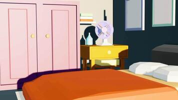 3D low poly animation cartoon, cozy interior in the house, rotating fan, sunlight coming in from the open window. animation loop video