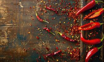 Top view of hot peppers on a rustic wooden board photo
