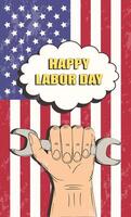 Happy Labor Day. Hands holding a wrench on the background of the USA flag. Vintage grunge retro style. Greeting card, poster, banner. illustration vector