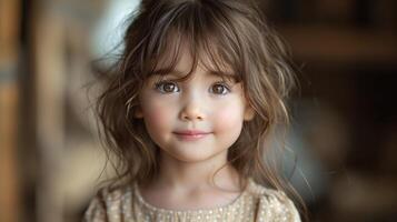 A smiling young girl with wavy hair enjoys the warm ambience of her home photo