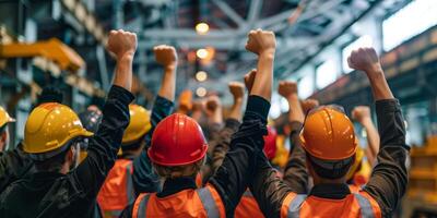 industrial trabajadores levantamiento puños en solidaridad durante protesta foto