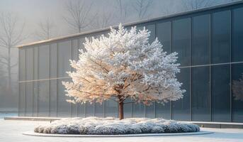 A large tree covered in snow sits in front of a building photo