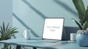 argent tablette PC maquette sur en bois table psd