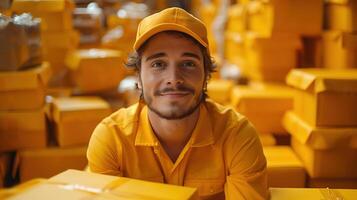 sonriente mensajero en amarillo uniforme rodeado por paquetes en un almacén foto