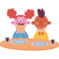 dos niños comiendo un hamburguesa y bebida png