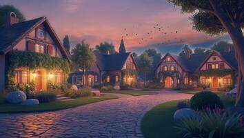 A quaint street lined with cozy, ivy-covered houses at dusk, glowing warmly under the twilight sky. The serene atmosphere is enhanced by the soft, ambient lighting from the homes video