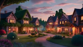 A quaint street lined with cozy, ivy-covered houses at dusk, glowing warmly under the twilight sky. The serene atmosphere is enhanced by the soft, ambient lighting from the homes video