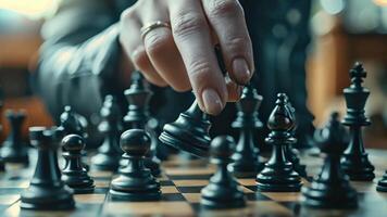 femme d'affaires fille mains femmes Planification stratégie avancement échecs jouer échec et mat adversaire juste stratégie compétition affaires performance la victoire entreprise chef PDG directeur gagnant video