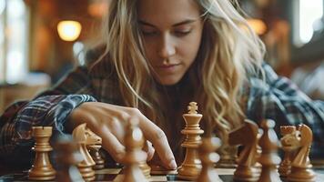 Young businesswoman girl women planning strategy advancement chess play checkmate opponent fair strategy competition business performance company leader ceo manager winning power video