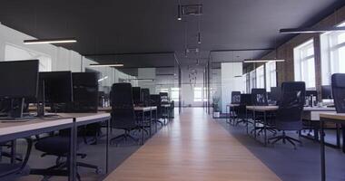 Modern startup centers composed of glass offices within a contemporary corporate environment, highlighting the sleek, innovative, and minimalist design aesthetics of a cutting-edge workspace video