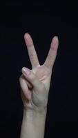 avvicinamento di mano mostrando vittoria cartello. isolato su nero sfondo. video