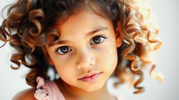 Little girl with curly hair and big brown eyes photo