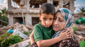 Portrait of a mother and her son in front of their home photo