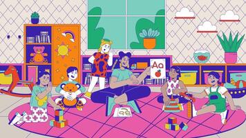 Teacher showing card with letter a to preschoolers cartoon animation. Kindergarten lesson 4K 2D motion graphic. Woman teaching little children animated characters on interior background video