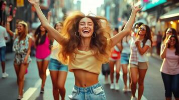 A woman is smiling and dancing in the street with a group of people video
