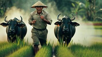 A man is running with two black oxen video