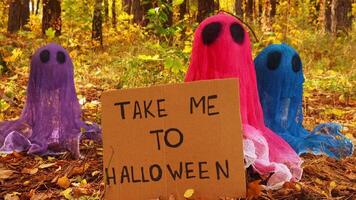 halloween Semester begrepp. handgjort färgrik spöken med kartong Lycklig halloween meddelande tillverkad från bandage och lim i höst skog bakgrund. barns konst projekt. diy begrepp. video